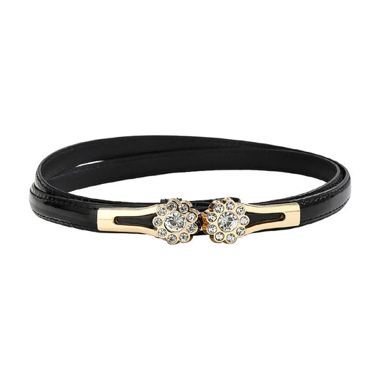 Adjustable rhinestone flower thin decorative belt for women, featuring a delicate sparkling floral design