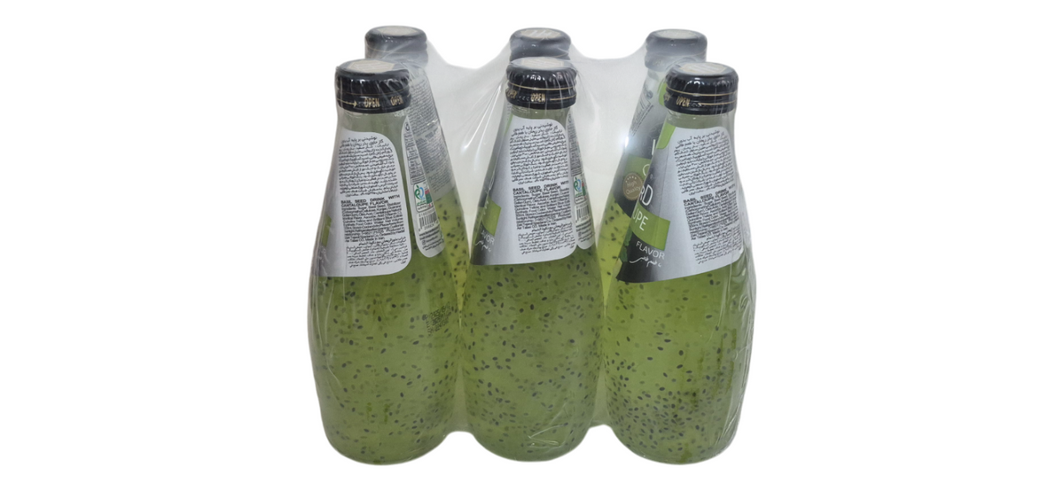 Assorted Leonard Basil Drinks by Nut Fusion in a 6-pack case, featuring natural refreshing beverage bottles with colorful labels.