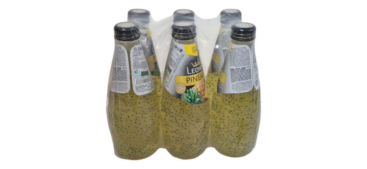 Assorted Nut Fusion Leonard Basil Drinks in a 6-pack case, featuring natural refreshing beverage bottles with colorful labels.