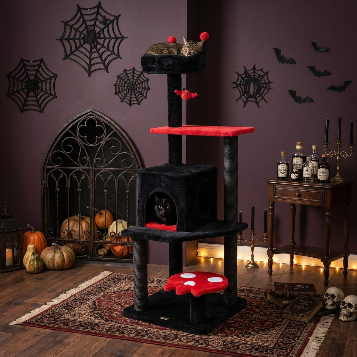 GBruno Store 57-inch Gothic cat tree with padded perch, spider toy, and multiple levels for cats to climb and rest.