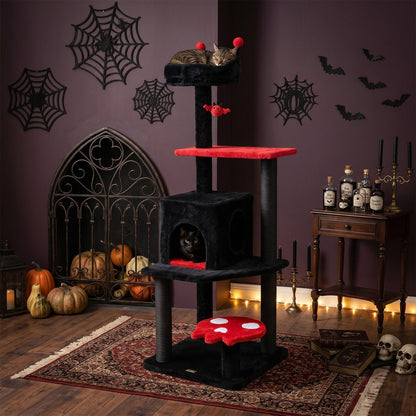 GBruno Store 57-inch Gothic cat tree with padded perch, spider toy, and multiple levels for cats to climb and rest.