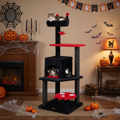 Gothic-style 57-inch GBruno Store cat tree with padded perch and hanging spider toy for cats to climb and play.