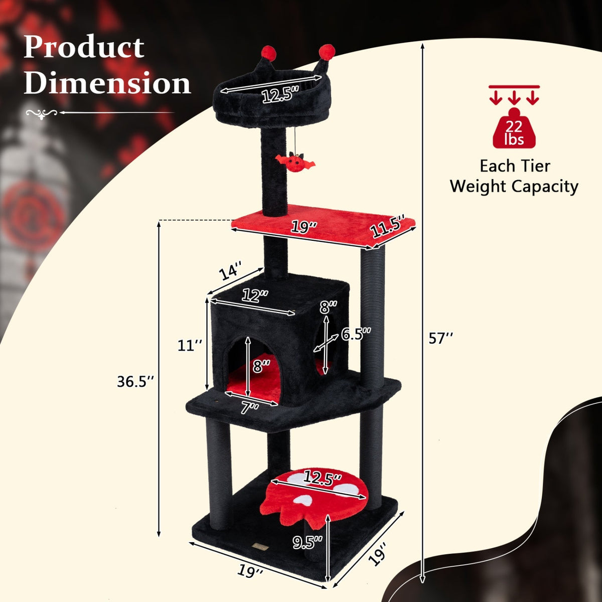 GBruno Store 57-inch Gothic cat tree with padded perch and spider toy, featuring multiple levels and cozy scratching posts for cats.