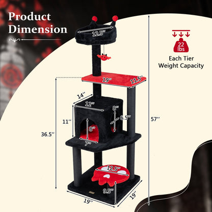 GBruno Store 57-inch Gothic cat tree with padded perch and spider toy, featuring multiple levels and cozy scratching posts for cats.