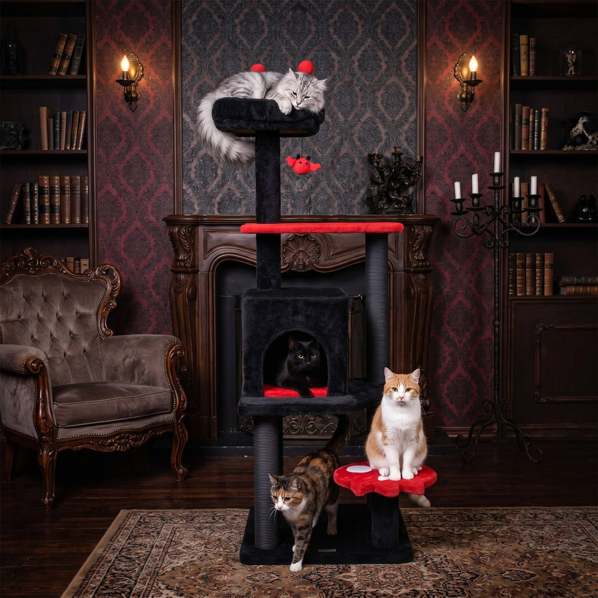 GBruno Store 57-inch Gothic cat tree with padded perch and hanging spider toy, ideal for climbing and lounging.