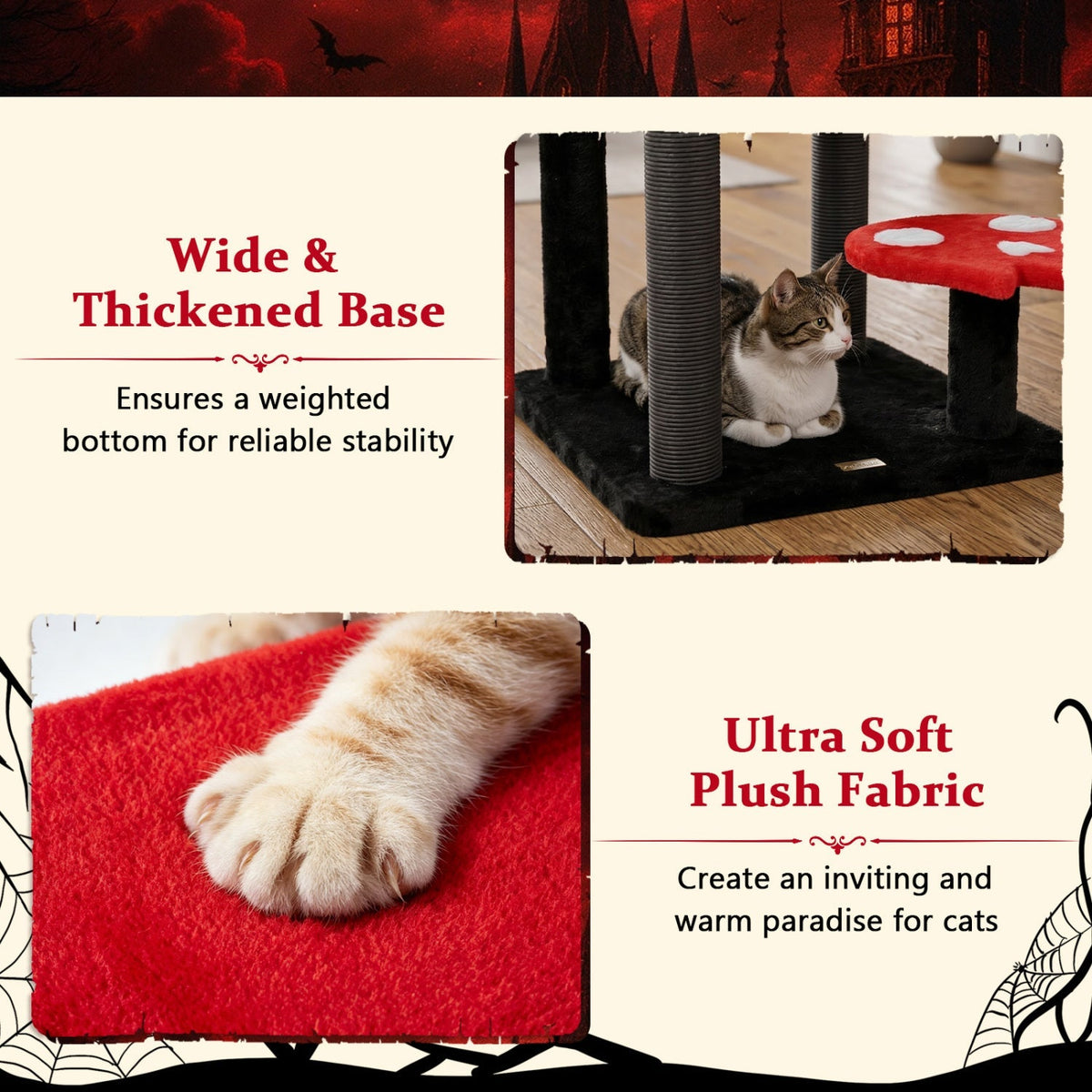 GBruno Store 57-inch Gothic cat tree with padded perch and hanging spider toy for cats to climb, perch, and play.