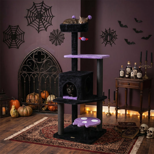 Gothic-style 57-inch cat tree by GBruno Store with padded perch, multiple platforms, and hanging spider toy for cats to climb and play.