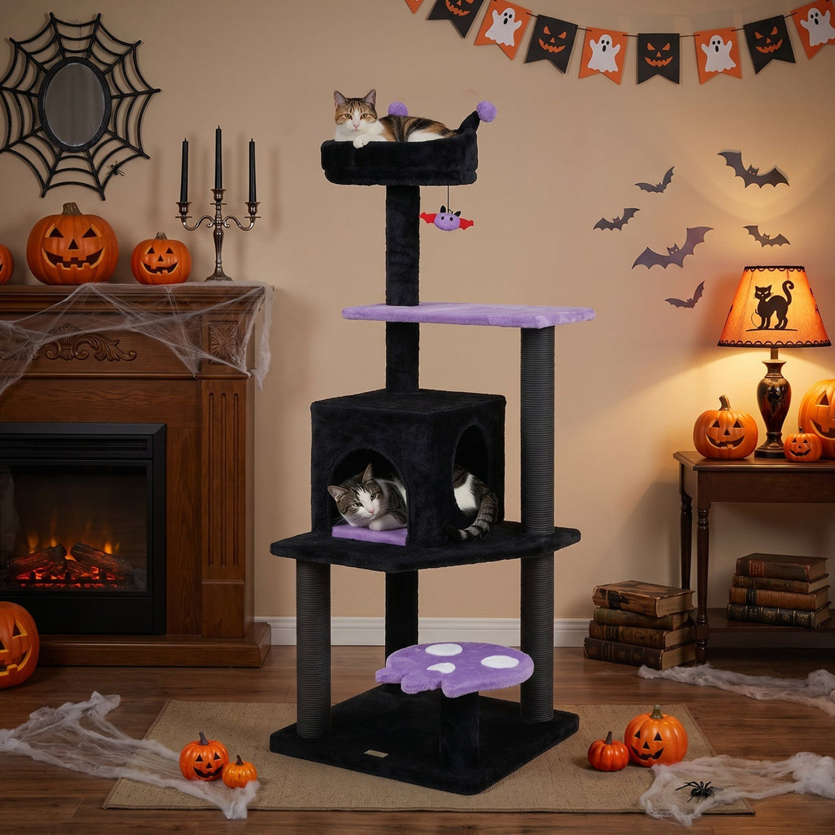 GBruno Store 57-inch Gothic cat tree with padded perch, scratching posts, and spider toy for cats to climb and play.