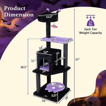 Gothic-style 57-inch cat tree with padded perch and hanging spider toy, designed for cats to climb, perch, and play.