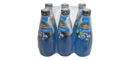 Nut Fusion Leonard Basil Drinks 6-pack case with assorted natural refreshing basil-flavored beverages in colorful bottles.