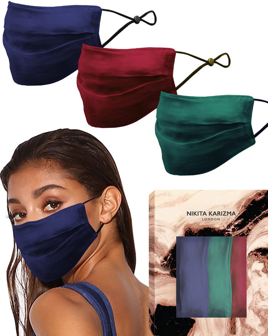 BackUPMYFILESNOW® KARIZMA Beverly Hills silk face mask 3-pack featuring jewel tones, reusable washable fabric masks for women.