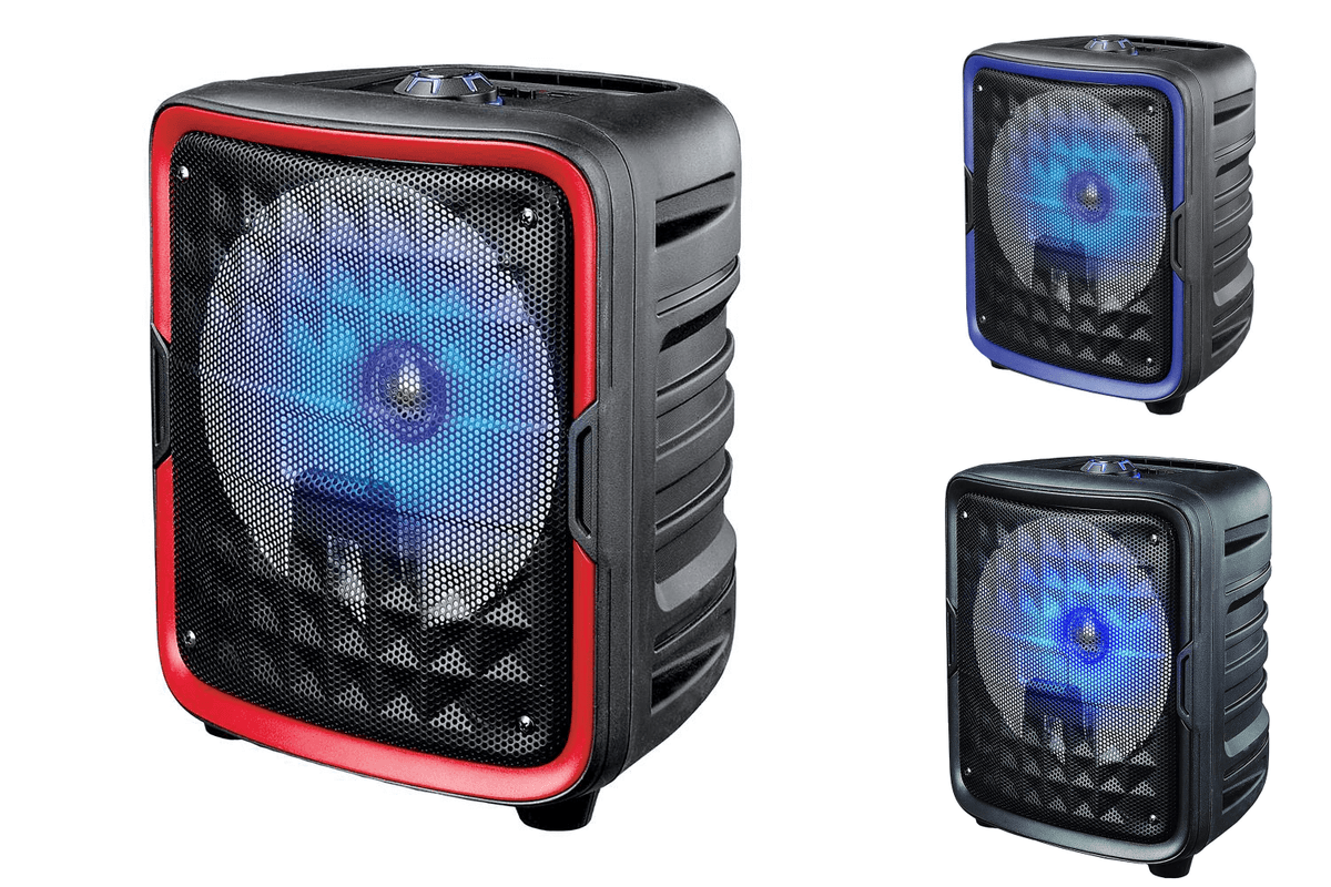 Supersonic IQ Sound 8-inch Bluetooth speaker with true wireless technology, showing black speaker with control buttons and sleek design.