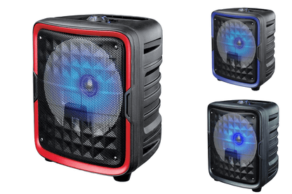 Supersonic IQ Sound 8-inch Bluetooth speaker with true wireless technology, showing black speaker with control buttons and sleek design.
