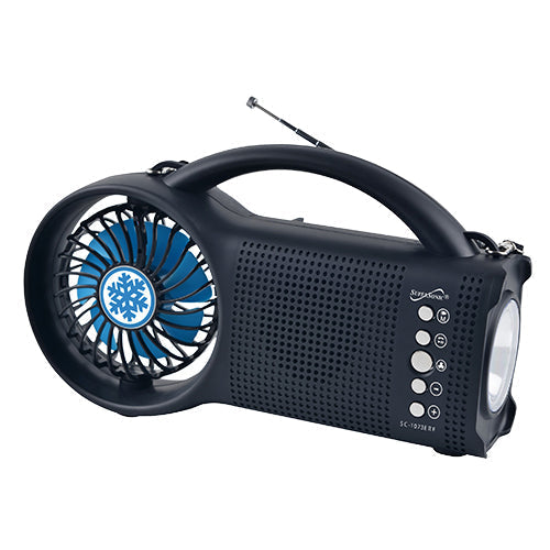 Supersonic Solar Power Bluetooth speaker with FM radio, LED torch light, and fan in black, showing control buttons and solar panel.