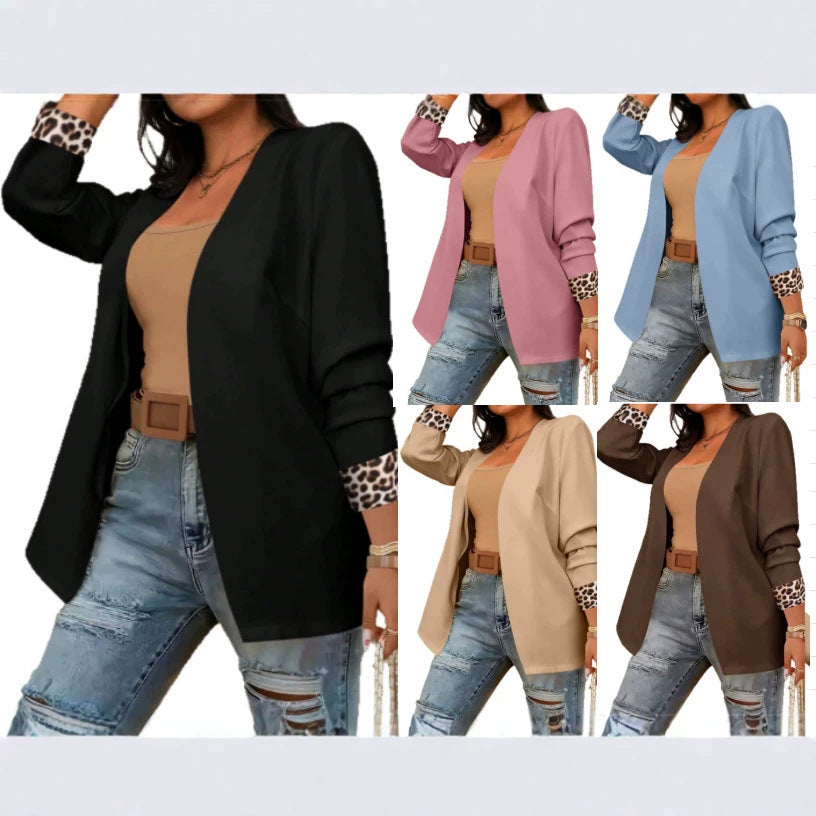Women's leopard-print patchwork long-sleeve blazer by My Store