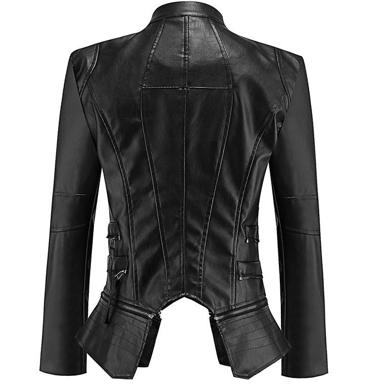 PU leather zippered patchwork jacket coat in a structured design
