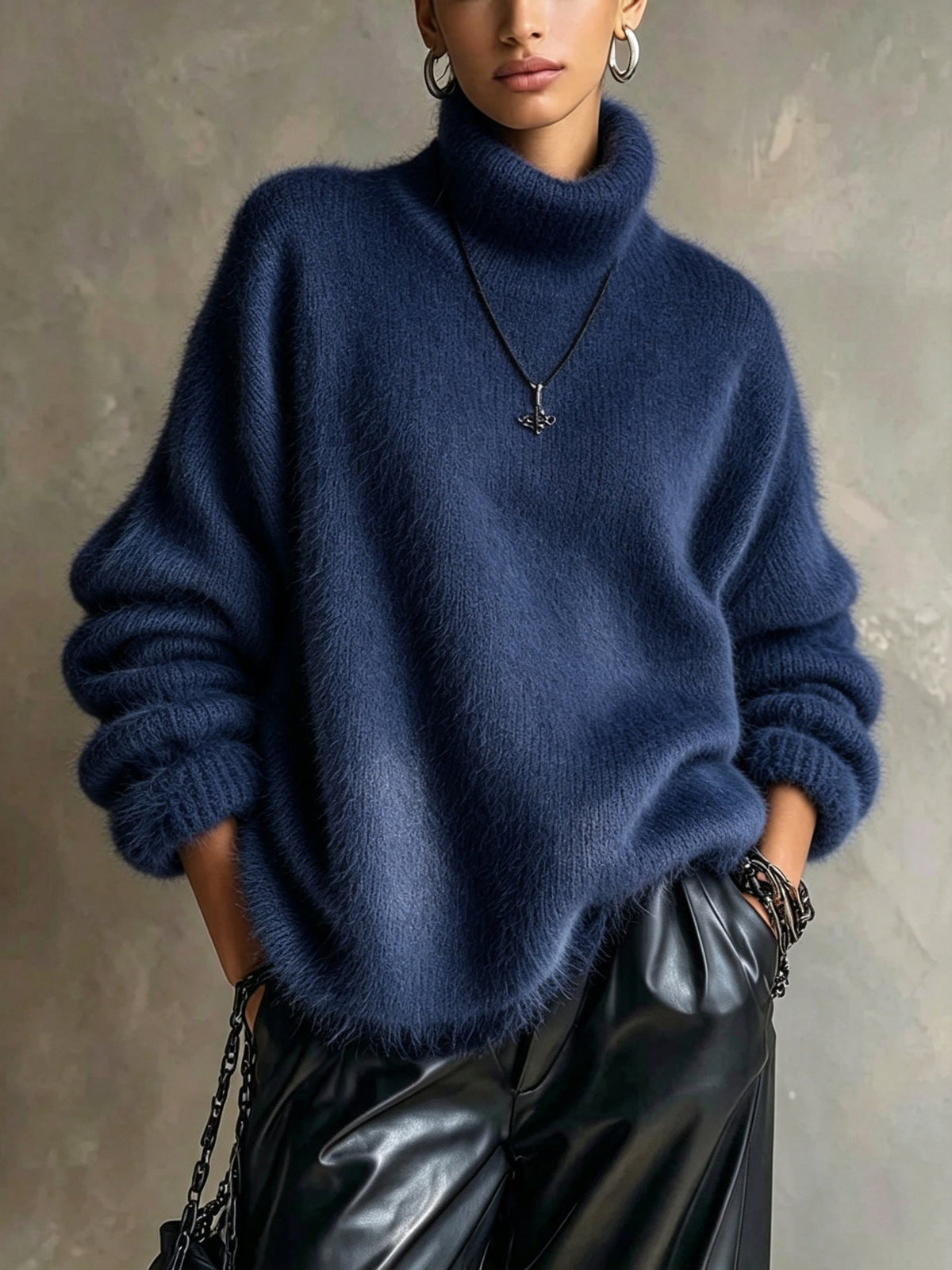 Women's solid-color loose-fitting turtleneck sweater in soft plush knit, front view