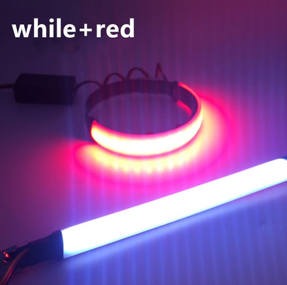 Two-color motorcycle modified turn signal LED ring on front shock absorber, front view
