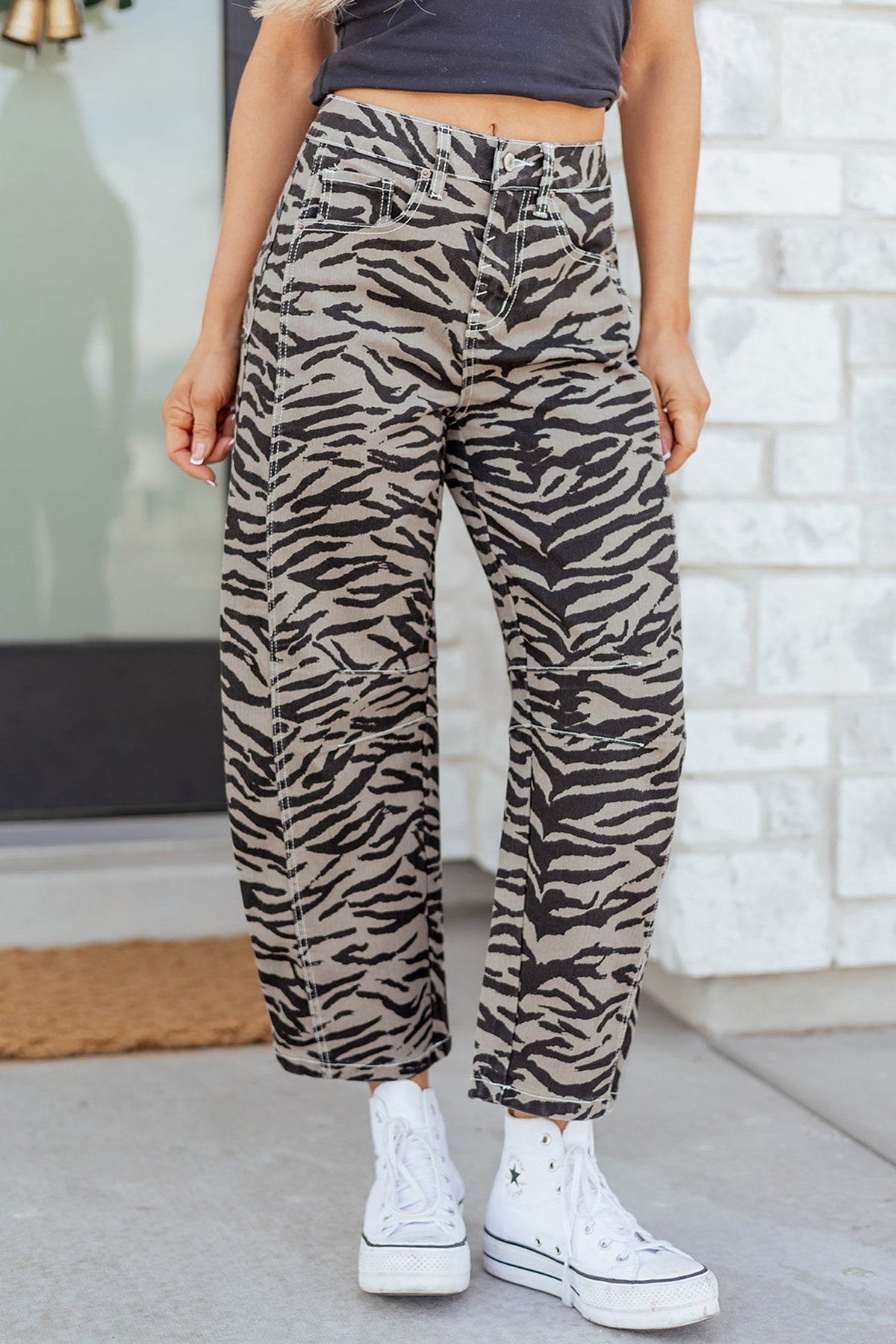 Hunter printed wide-leg jeans by Threaded Pear featuring a stylish floral pattern and relaxed fit.