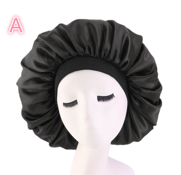 Beauty print satin silk bonnet sleep night cap with colorful pattern and elastic edge.