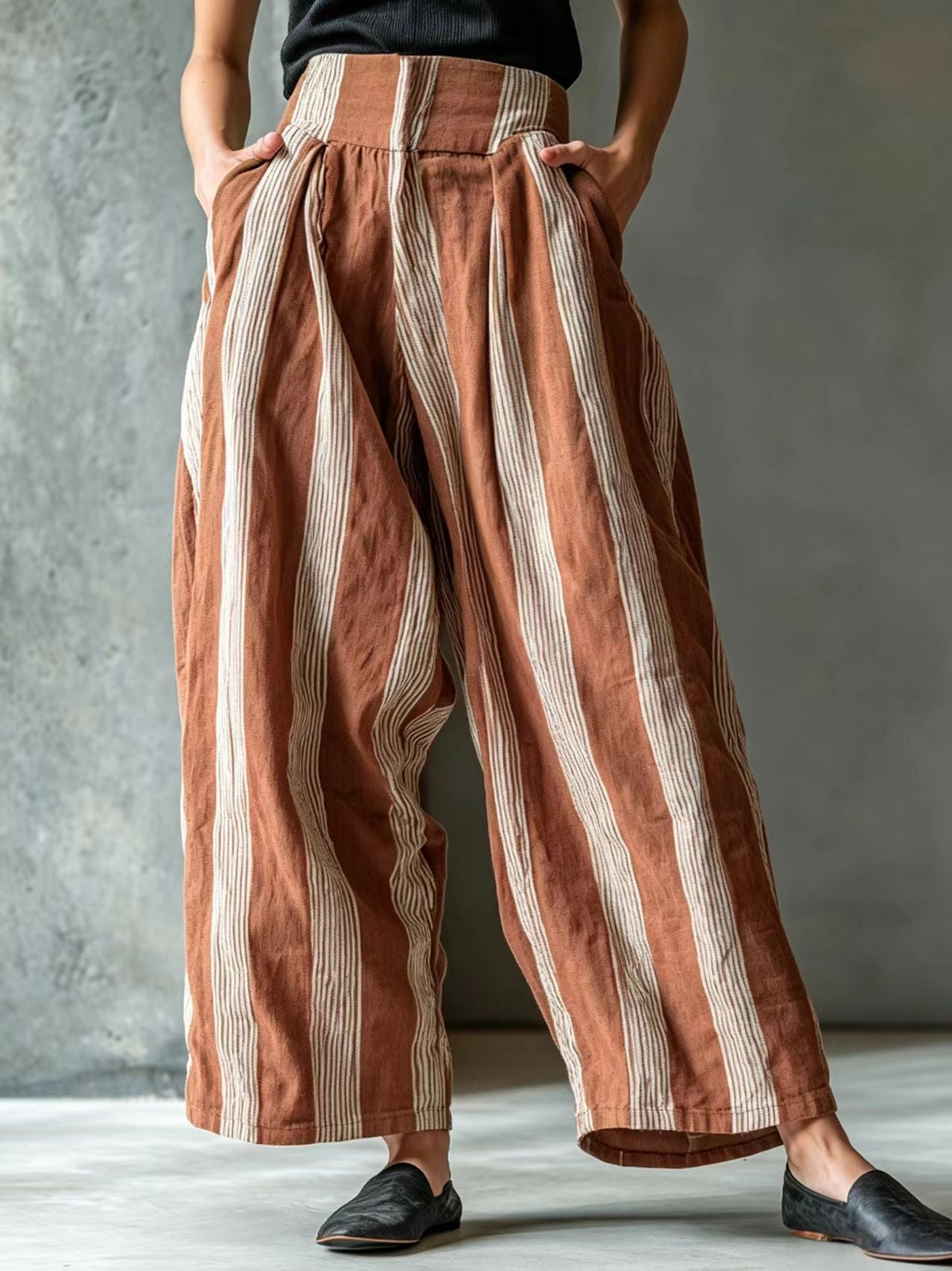 Women's loose casual striped linen wide-leg pants with high waist, European and American vacation style