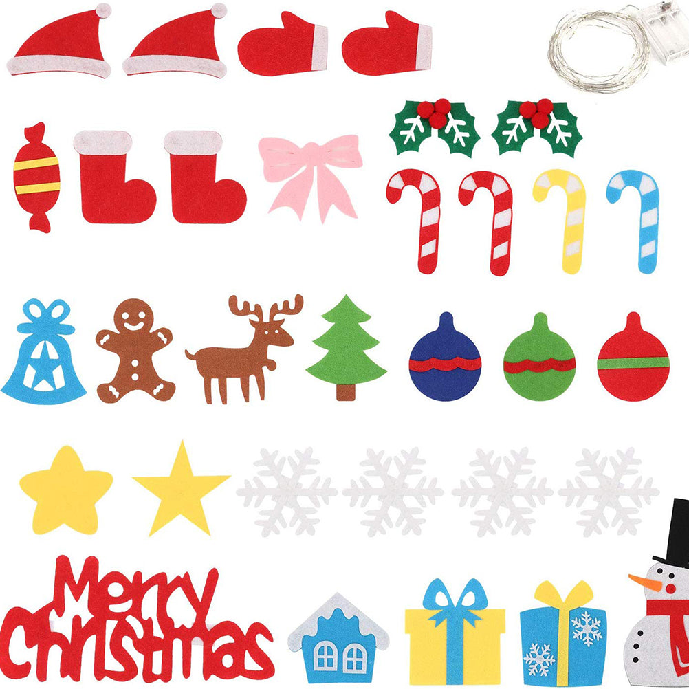 Children's DIY felt Christmas tree with lights, featuring colorful ornaments for interactive holiday decorating