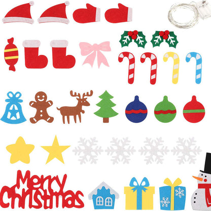 Children's DIY felt Christmas tree with lights, featuring colorful ornaments for interactive holiday decorating