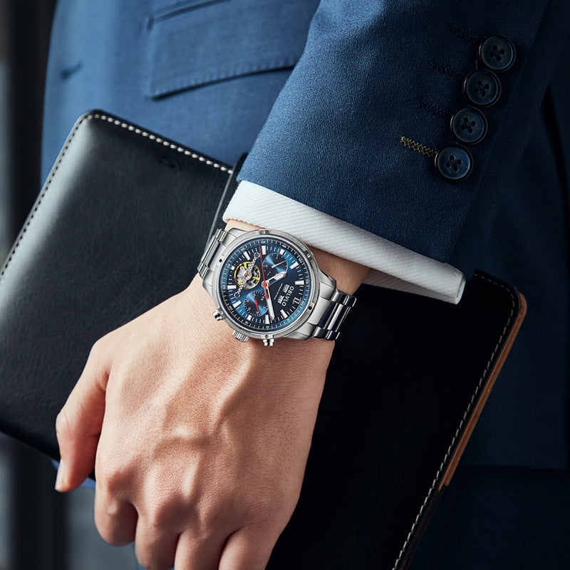 Men's multi-functional hollowed fashion watch with openwork dial and detailed mechanical-style design