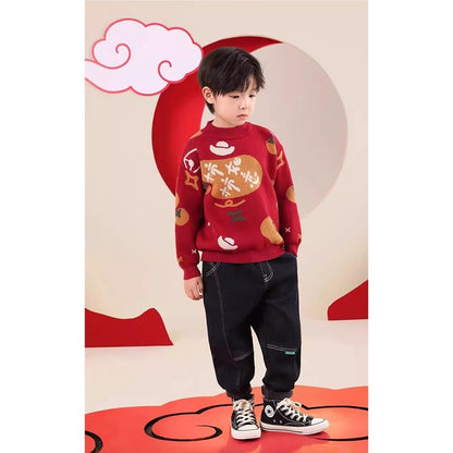 Red baby sweater for autumn and winter clothing, front view