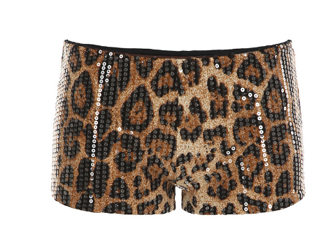 Sequin leopard print women's micro shorts by BACKUPMYFILESNOW® with shiny sequins and bold animal pattern.