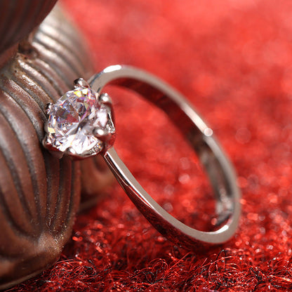 Women's SATINE six-claw moissanite diamond simulation couple ring in silver tone