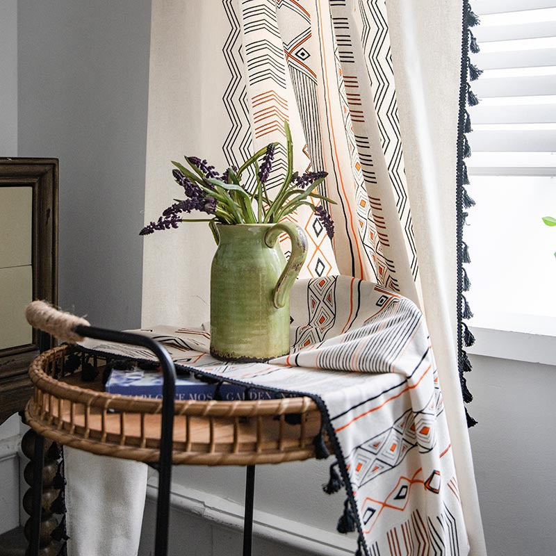 Boho cream cotton and linen print sun shade curtain fabric, non-punched design