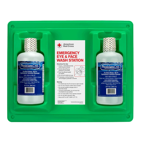 Emergency eyewash station with dual 32 oz bottles, first aid equipment by Pasteur Pharmacy for eye irrigation and safety.