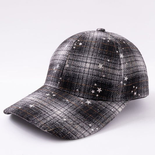 Wool check pattern baseball cap with silver glitter star embossing and soft beanie-style fit