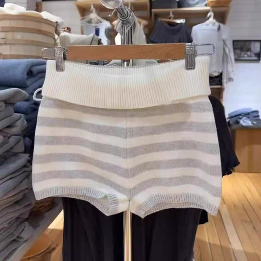 Womens White-Striped Knitted High-Waist Straight Shorts