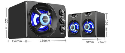 Desktop home speakers in black, compact design for computer or home audio setup