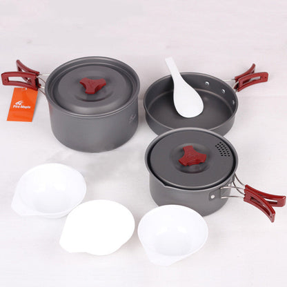 Camping picnic cookware set with compact pot and pan for outdoor cooking