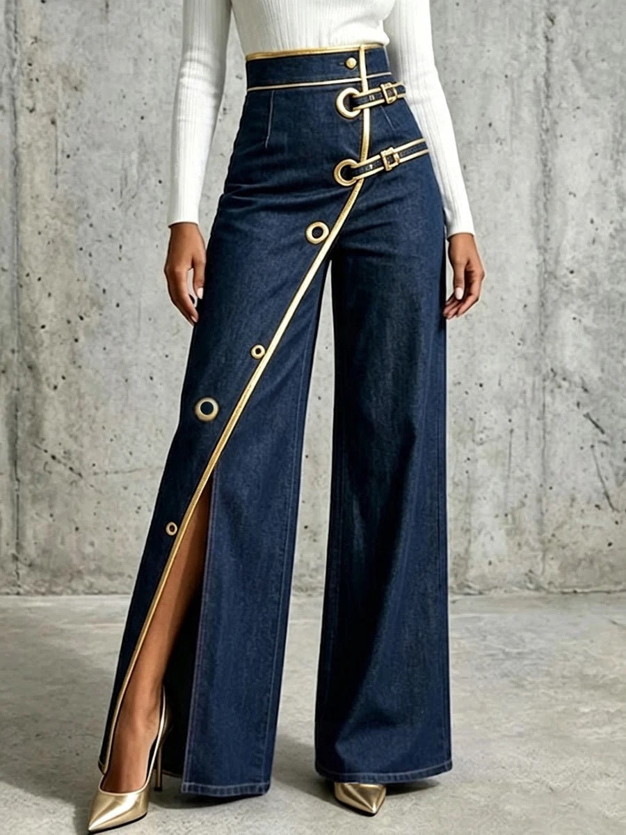 Women's irregular straight-leg denim trousers, front view in blue wash