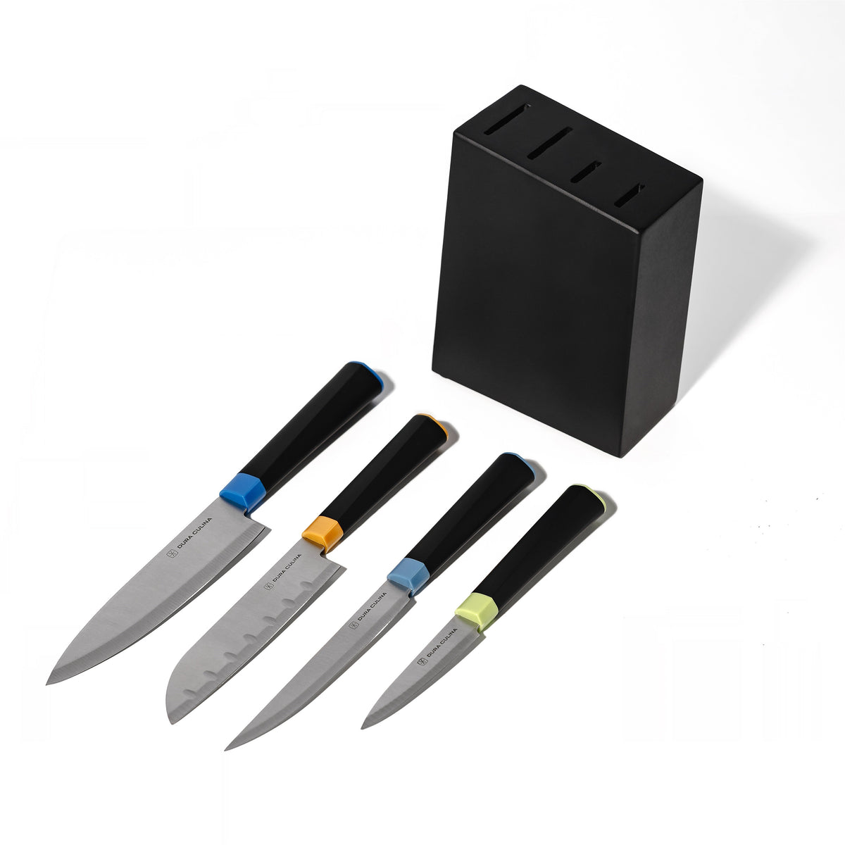 Dura Living Artistic Edge 5-piece knife block set with stainless steel kitchen knives and wooden storage block on countertop