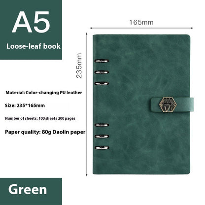 A5 loose-leaf removable notepad for business office meetings, shown open with lined pages and binder rings