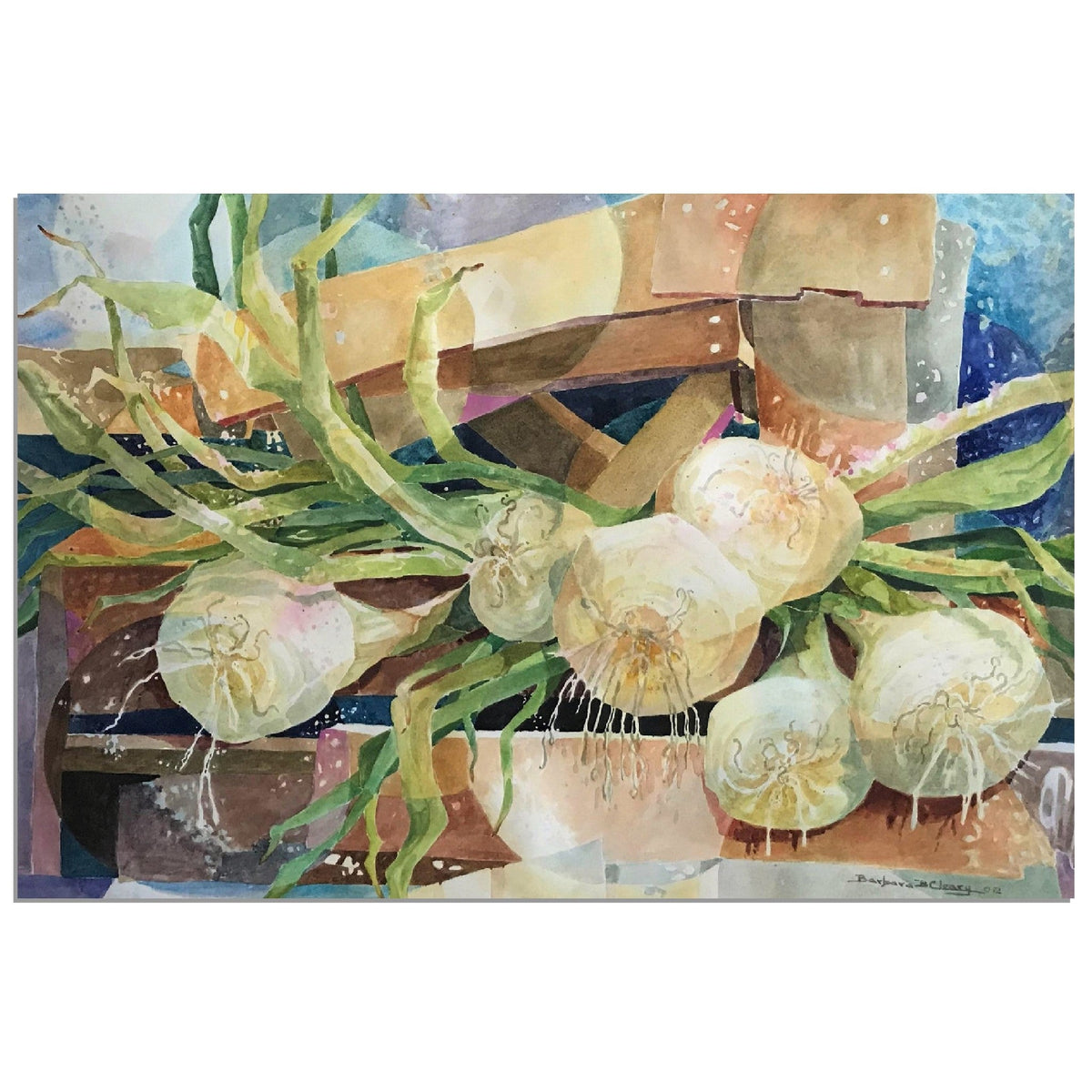 Watercolor still life print of onions on matte paper by American artist Barbara Cleary, branded Gelato, 12x18 inches.