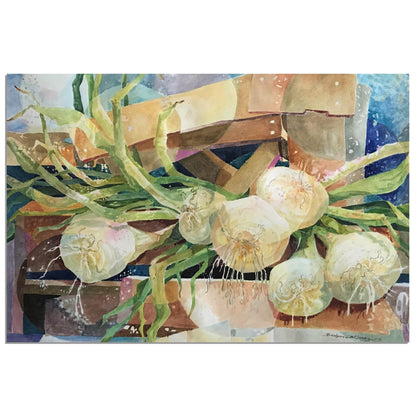 Watercolor still life print of onions on matte paper by American artist Barbara Cleary, branded Gelato, 12x18 inches.