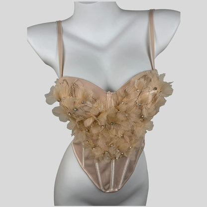 Rhinestone-embellished mesh floral shapewear corset top by My Store