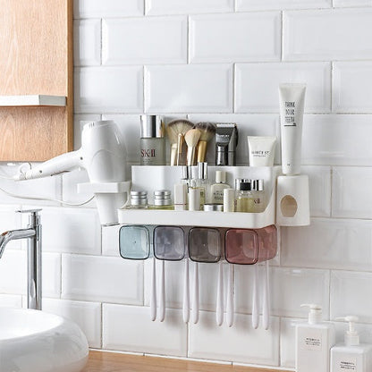 Perforation-free suction wall toothbrush holder and bathroom shelving toiletry set, white plastic design