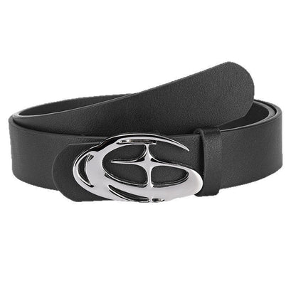Women's slim leather belt with hollowed-out irregular buckle, designer-inspired style