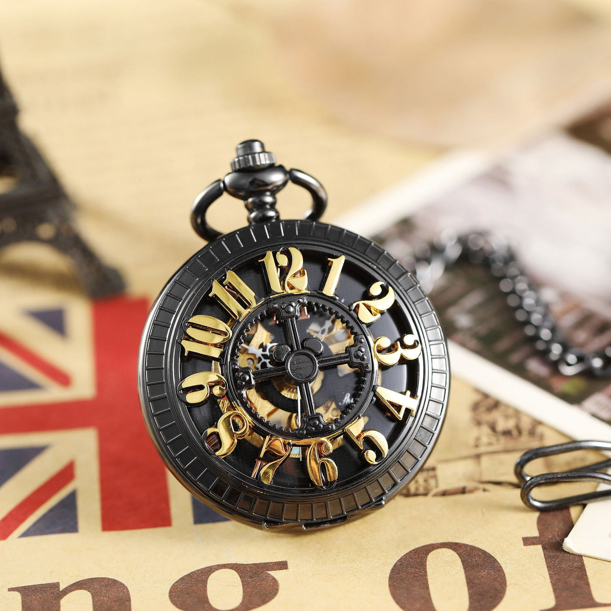 Openwork carved floral Roman-style pocket watch with visible ornate dial and decorative cover