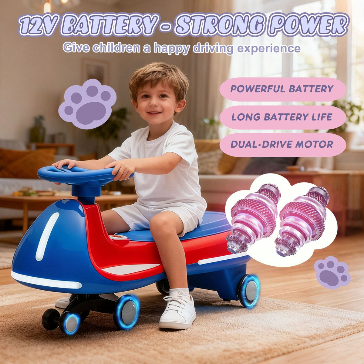 12V electric wiggle ride-on toy car by GBruno Store with dual motors, LED lights, and colorful design for kids' outdoor play.