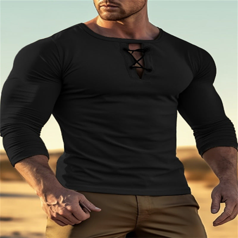 Men's round-neck solid-color long-sleeve top with buttons by My Store