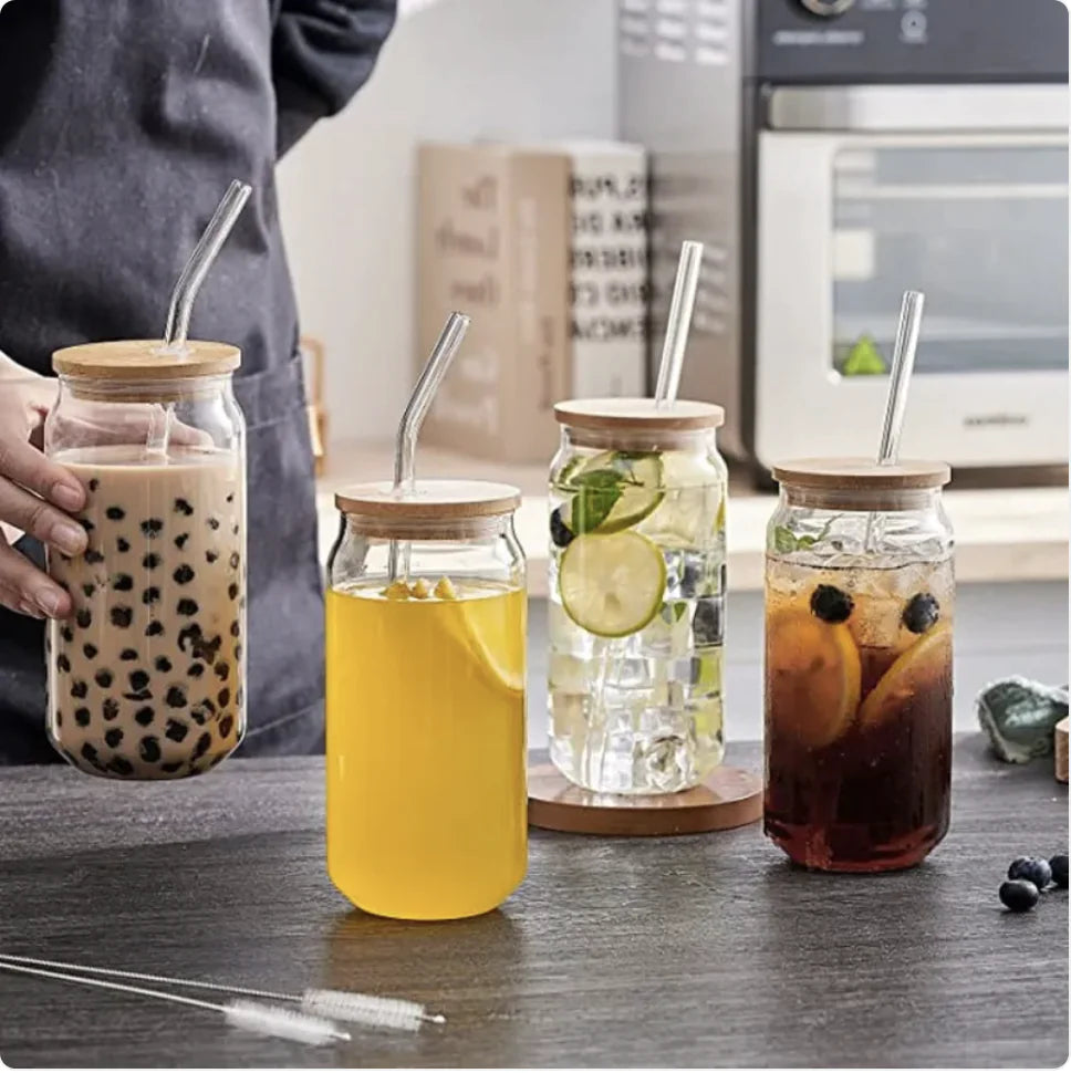 Transparent Glass Cup with Lid & Straw