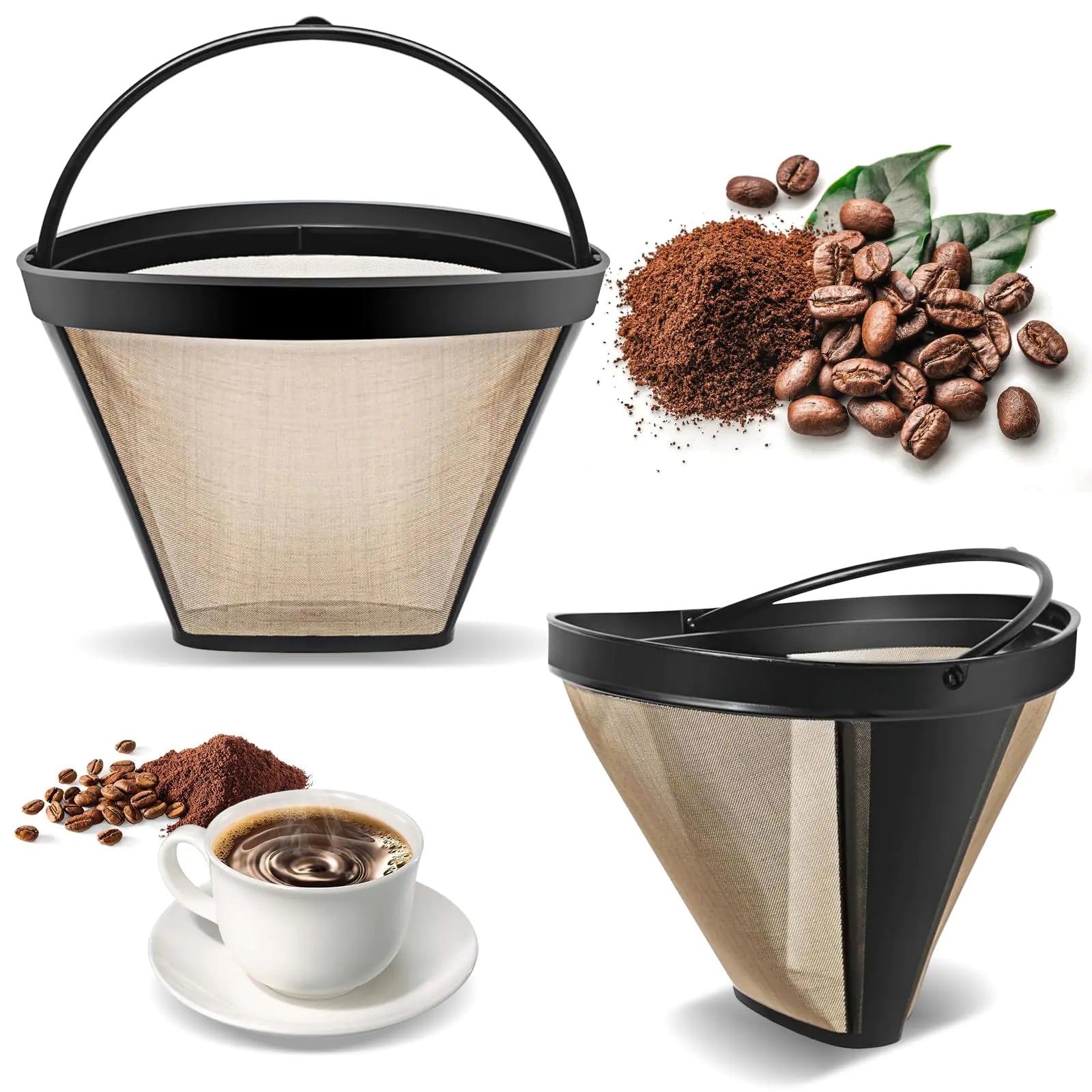 2Pcs Reusable No.4 Cone Coffee Filters 8-12 Cup Gold Coffee Filter Basket Cone Shape Permanent Basket Filter Coffee Maker Filters for Cuisinart/Ninja Dual Brew Pro Reusable Coffee Filter